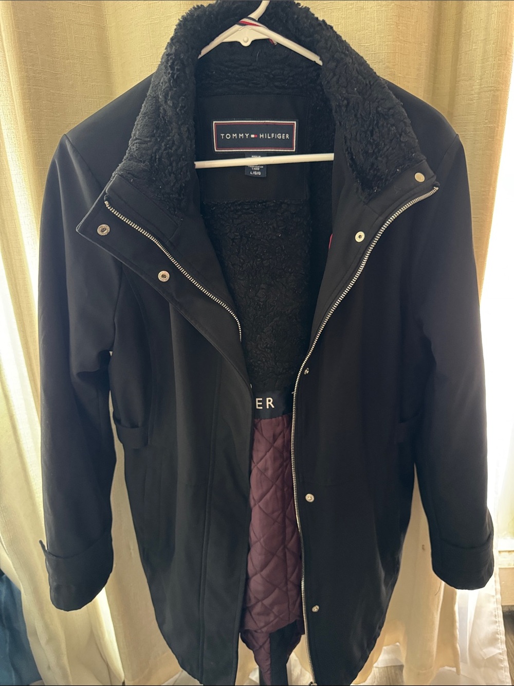 Tommy Hilfiger Black Sherpa-Lined Trench Coat with Quilted Plum Interior